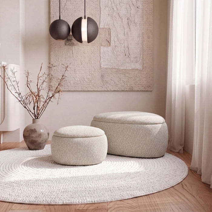 Manila Fabric Storage Ottomans in Beige, small and large together