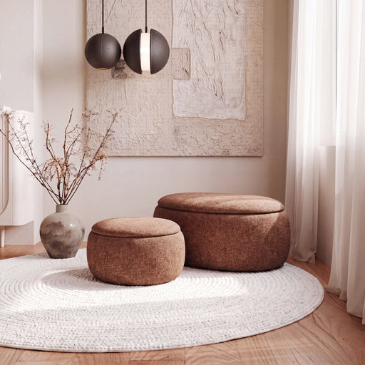 Manila Fabric Storage Ottomans in Ochre, small and large together