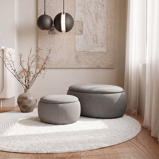 Manila Fabric Storage Ottomans in Stone, small and large together