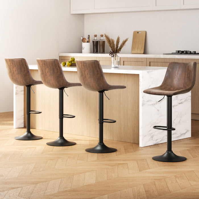 4x Bar Stools Vintage Leather Swivel Gas Lift Brown