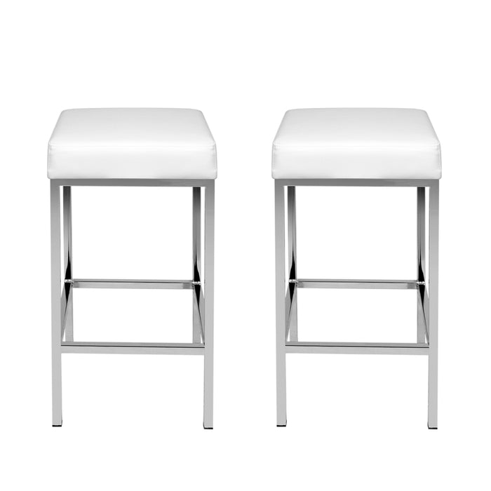 2x Bar Stools Leather Padded Metal White