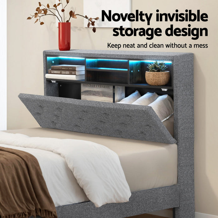 Bed Frame King Single Size LED Mattress Base Platform with Storage Shelf Hidden Storage Box Grey