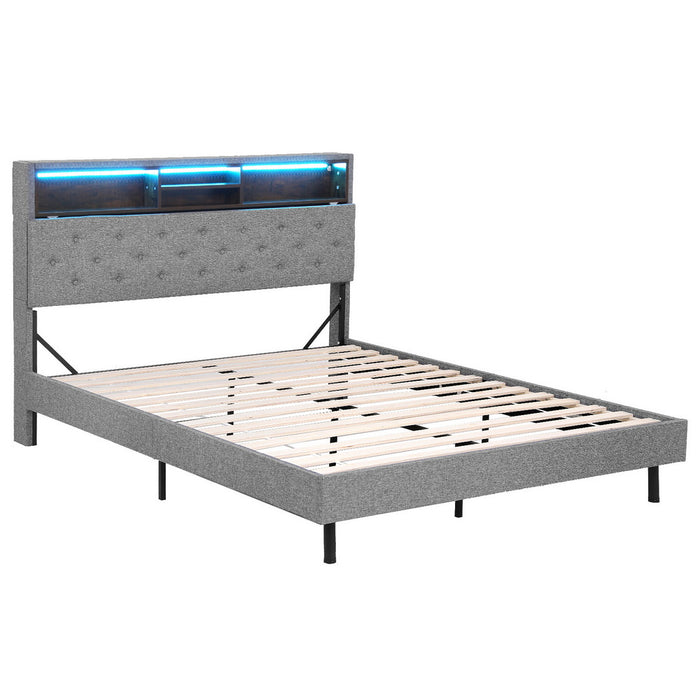 Bed Frame Queen Size LED Mattress Base Platform with Storage Shelf Hidden Storage Box Grey