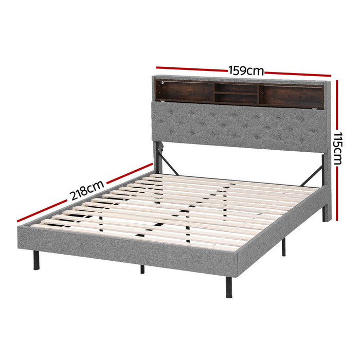 Bed Frame Queen Size LED Mattress Base Platform with Storage Shelf Hidden Storage Box Grey