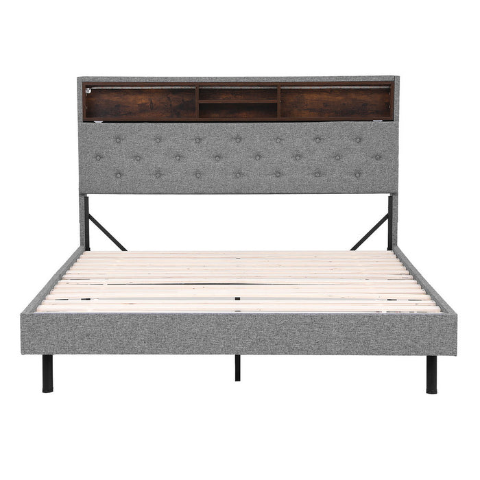 Bed Frame Queen Size LED Mattress Base Platform with Storage Shelf Hidden Storage Box Grey