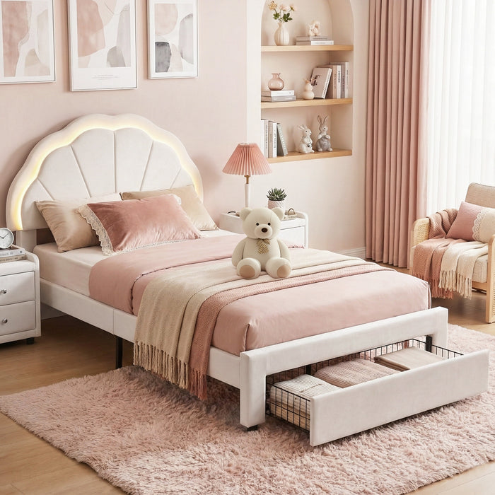 King Single Bed Frame with Storage Drawer Upholstered Velvet Platform Bed LED Headboard