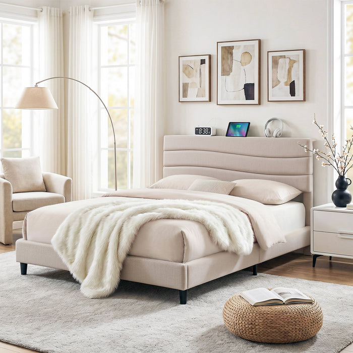 Queen Bed Frame with Storage Adjustable Headboard Platform Base Linen Fabric Charging Ports
