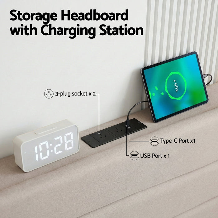 Queen Bed Frame with Storage Adjustable Headboard Platform Base Linen Fabric Charging Ports