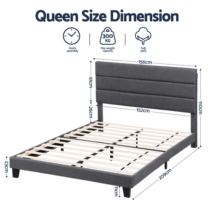 Queen Bed Frame Upholstered Platform Base with Geometric Headboard Charcoal Grey Linen Wood Slats for Modern Bedroom Furniture Home Decor