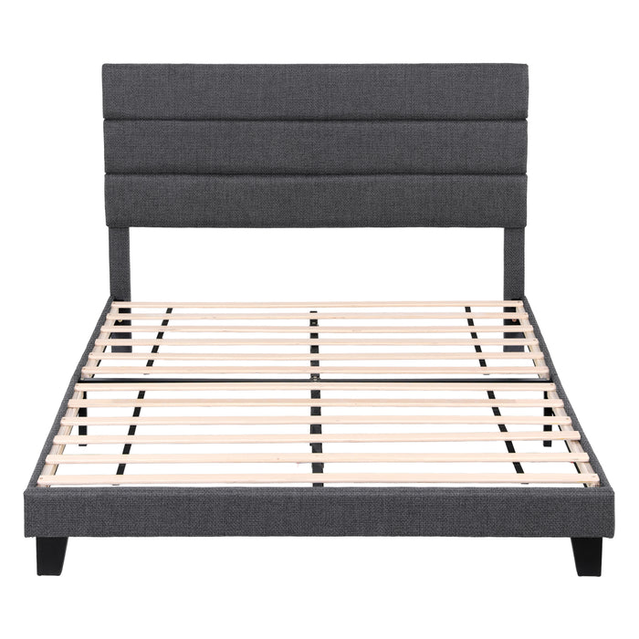 Queen Bed Frame Upholstered Platform Base with Geometric Headboard Charcoal Grey Linen Wood Slats for Modern Bedroom Furniture Home Decor