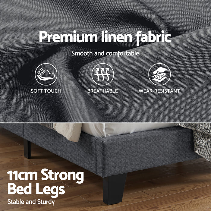 Queen Bed Frame Upholstered Platform Base with Geometric Headboard Charcoal Grey Linen Wood Slats for Modern Bedroom Furniture Home Decor