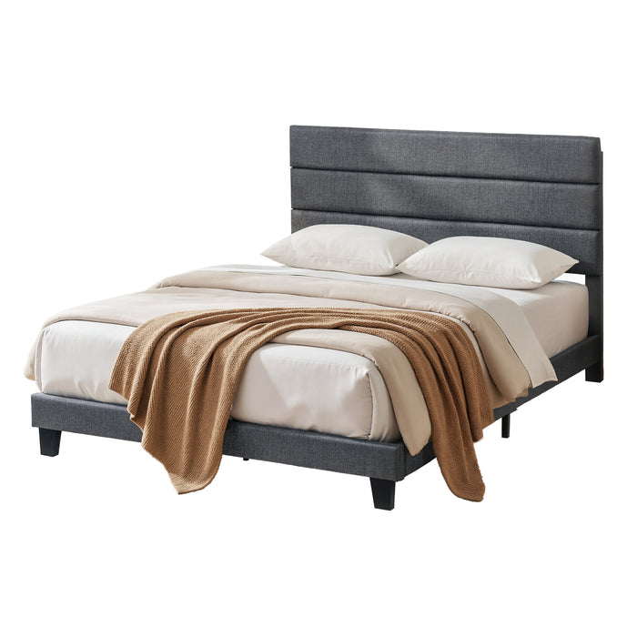 Queen Bed Frame Upholstered Platform Base with Geometric Headboard Charcoal Grey Linen Wood Slats for Modern Bedroom Furniture Home Decor