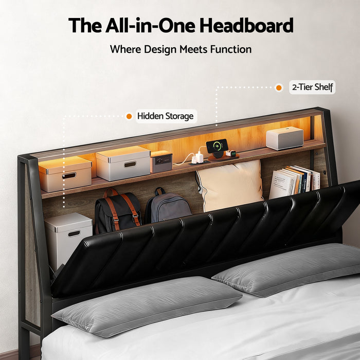 Queen Bed Frame LED Storage Headboard with Charging Station Black