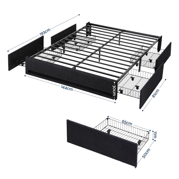 Double Bed Frame with Storage Drawers RGB Lights Charging Station Upholstered Fabric