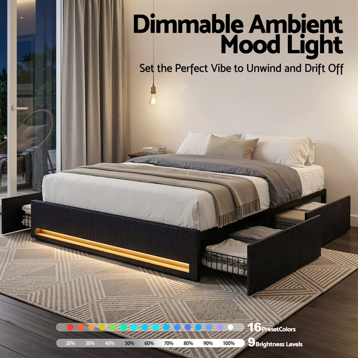 Double Bed Frame with Storage Drawers RGB Lights Charging Station Upholstered Fabric