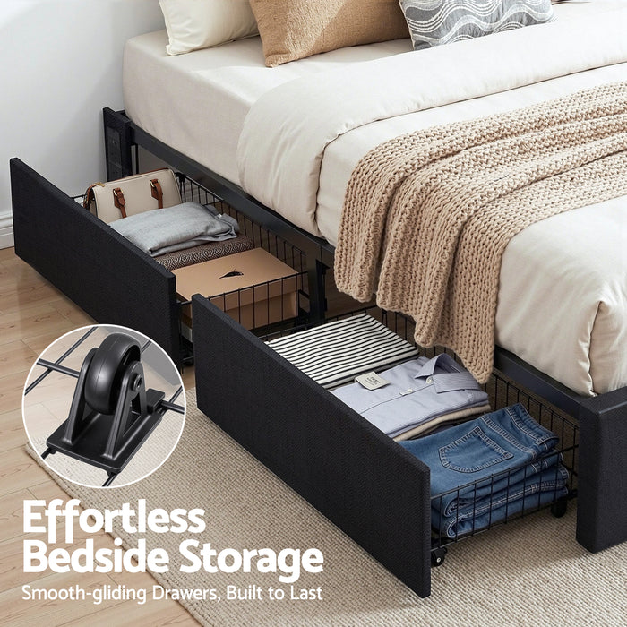 Double Bed Frame with Storage Drawers RGB Lights Charging Station Upholstered Fabric