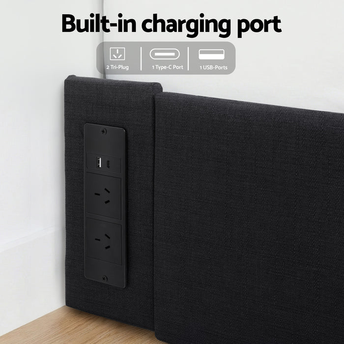 Double Bed Frame with Storage Drawers RGB Lights Charging Station Upholstered Fabric