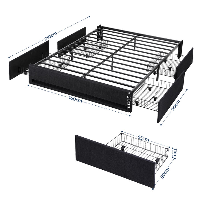 Queen Bed Frame with Storage Drawers RGB Lights Charging Station Upholstered Fabric