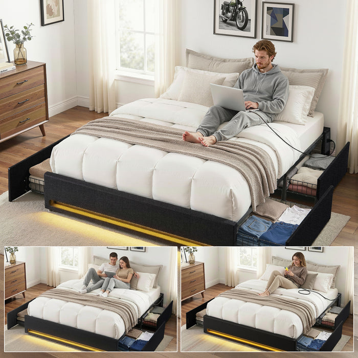 Queen Bed Frame with Storage Drawers RGB Lights Charging Station Upholstered Fabric