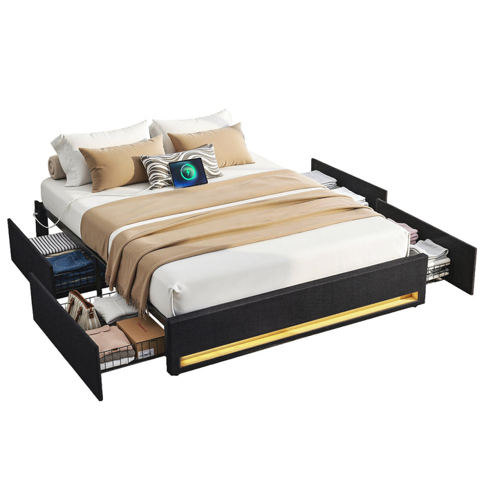 Queen Bed Frame with Storage Drawers RGB Lights Charging Station Upholstered Fabric