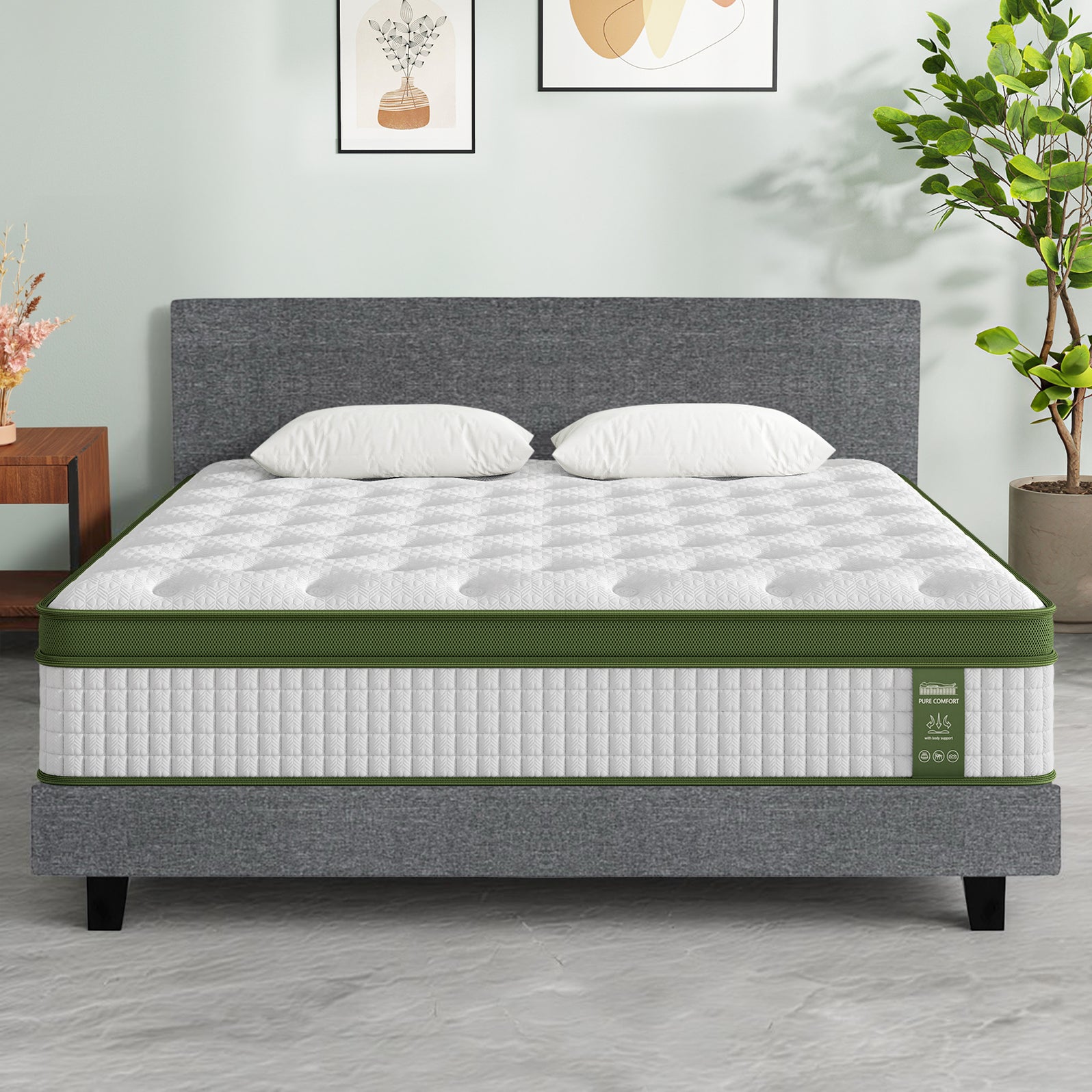King Bed Frame Set With Hybrid Mattress Medium Firm Linen Grey ...
