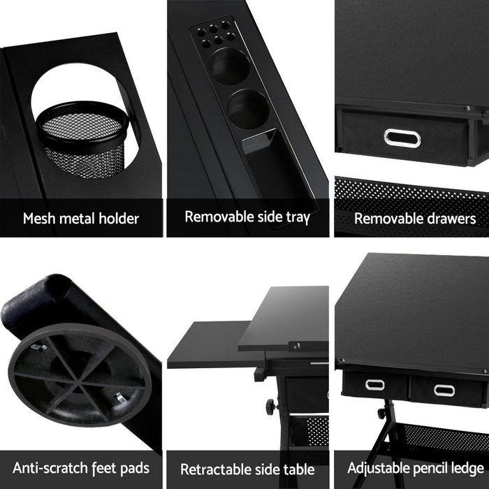 Drawing Desk Stool Set Drafting Table Adjustable Angle Tilt Drawers Black