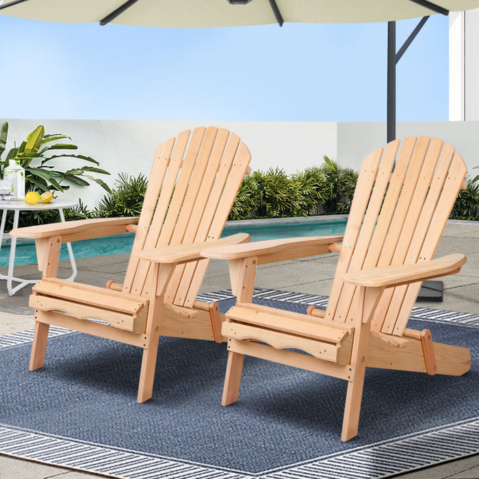 Adirondack Outdoor Chairs Wooden Beach Chair Patio Furniture Garden Natural Set of 2