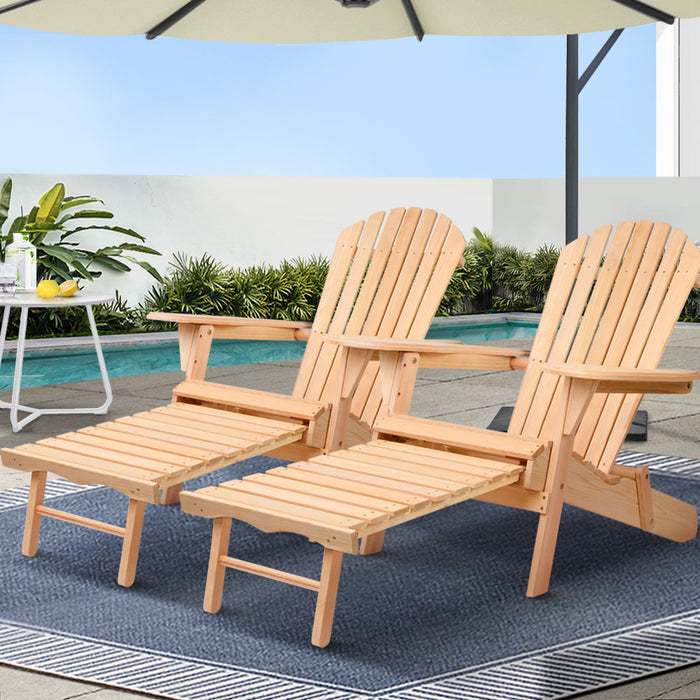 2PC Adirondack Outdoor Chairs Wooden Sun Lounge Patio Furniture Garden Natural