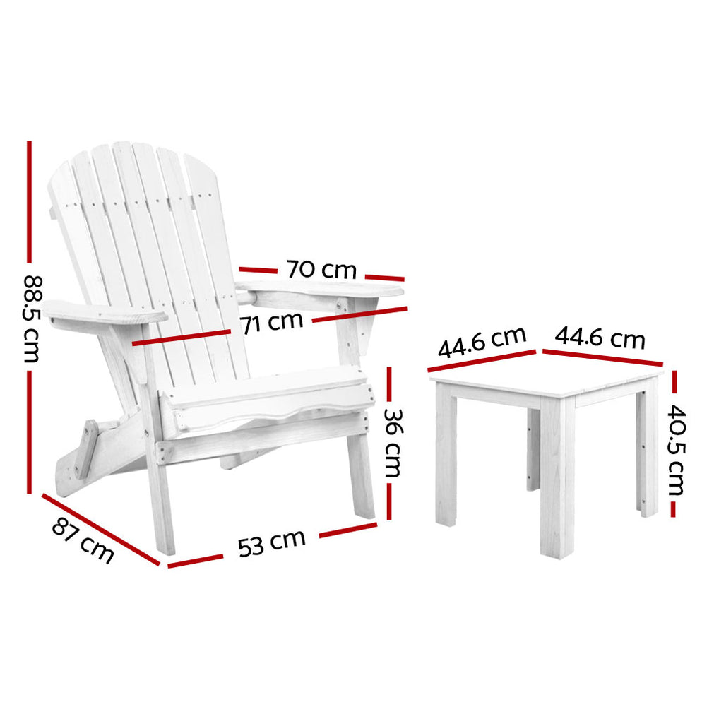 3PC Adirondack Outdoor Table and Chairs Wooden Foldable Beach Chair Wh