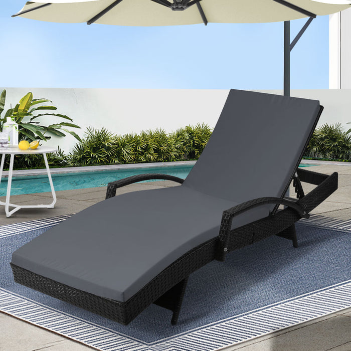 Sun Lounge Wicker Lounger Outdoor Furniture Beach Chair Patio Adjustable Cushion Black
