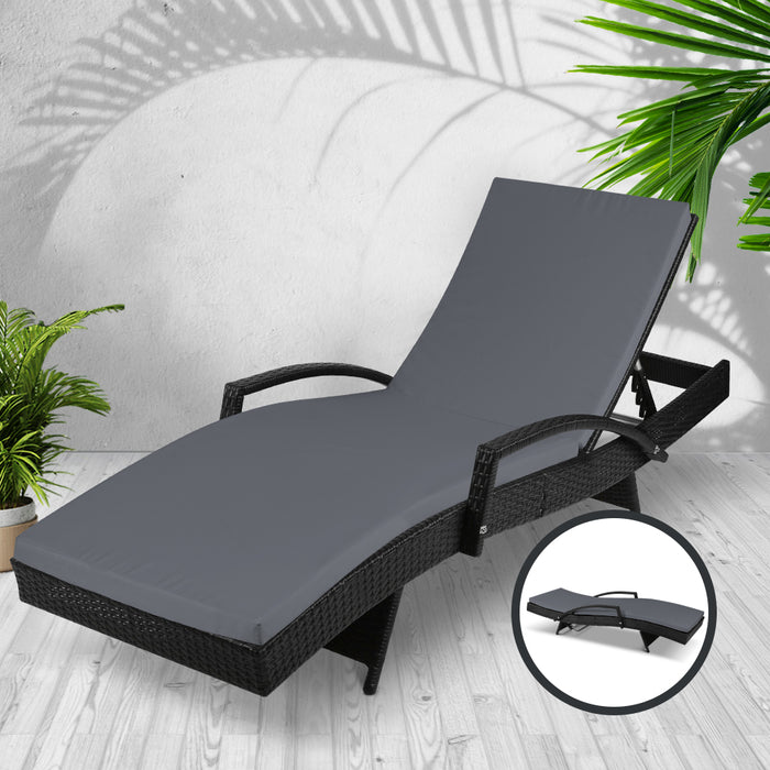 Sun Lounge Wicker Lounger Outdoor Furniture Beach Chair Patio Adjustable Cushion Black