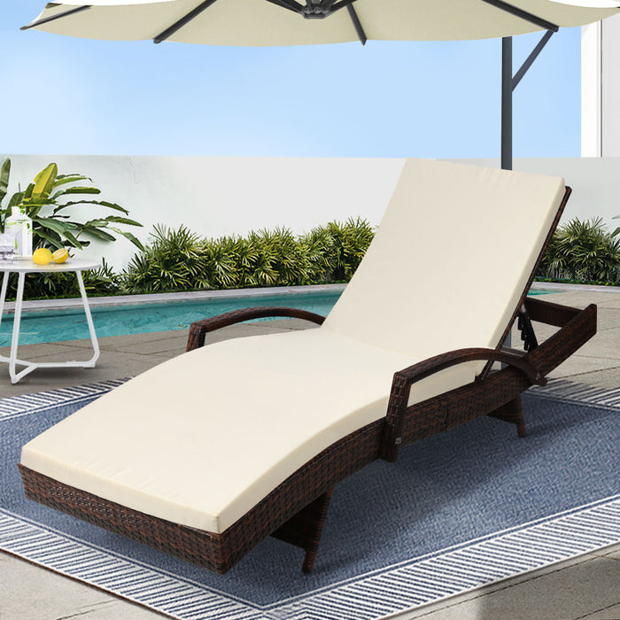 Sun Lounge Wicker Lounger Outdoor Furniture Beach Chair Patio Adjustable Cushion Brown