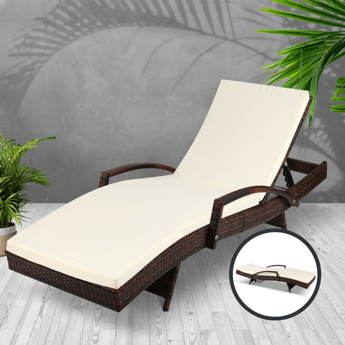Sun Lounge Wicker Lounger Outdoor Furniture Beach Chair Patio Adjustable Cushion Brown