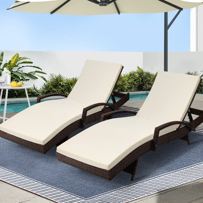 2PC Sun Lounge Wicker Lounger Outdoor Furniture Beach Chair Patio Adjustable Cushion Brown
