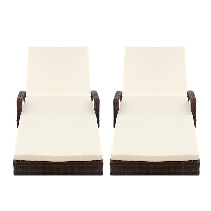 2PC Sun Lounge Wicker Lounger Outdoor Furniture Beach Chair Patio Adjustable Cushion Brown