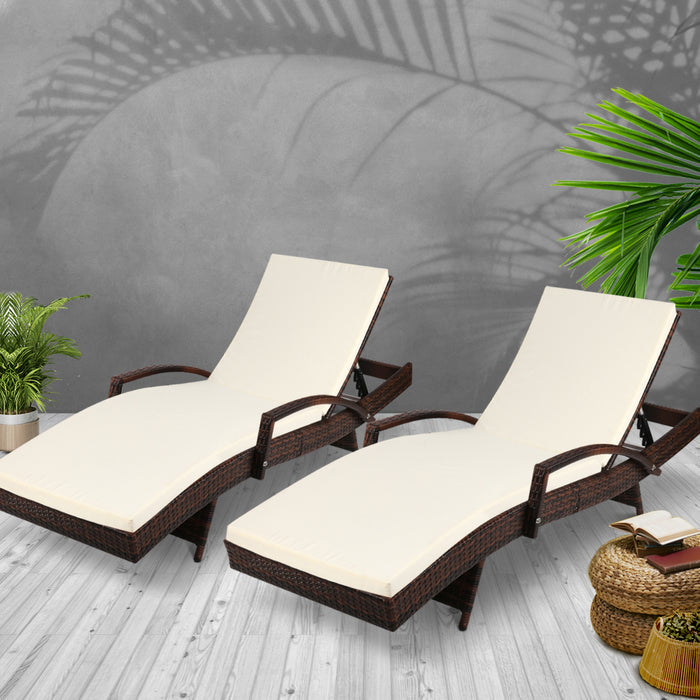 2PC Sun Lounge Wicker Lounger Outdoor Furniture Beach Chair Patio Adjustable Cushion Brown