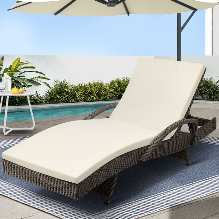 Sun Lounge Wicker Lounger Outdoor Furniture Beach Chair Patio Adjustable Cushion Grey&Beige