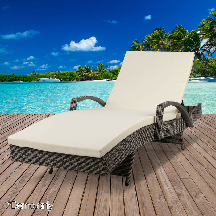 Sun Lounge Wicker Lounger Outdoor Furniture Beach Chair Patio Adjustable Cushion Grey&Beige
