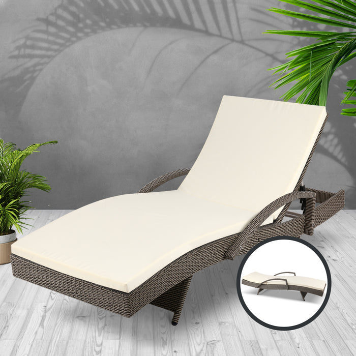 Sun Lounge Wicker Lounger Outdoor Furniture Beach Chair Patio Adjustable Cushion Grey&Beige