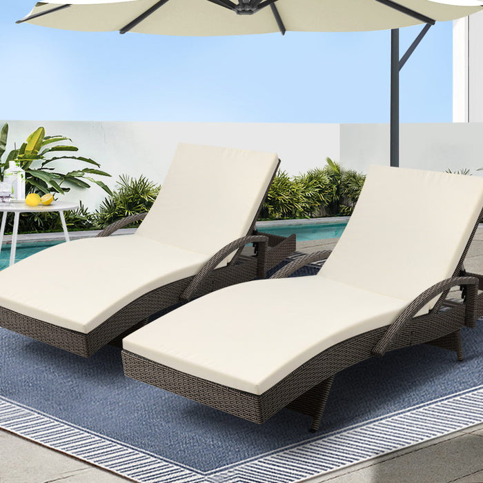 2PC Sun Lounge Wicker Lounger Outdoor Furniture Beach Chair Adjustable Cushion Grey&Beige