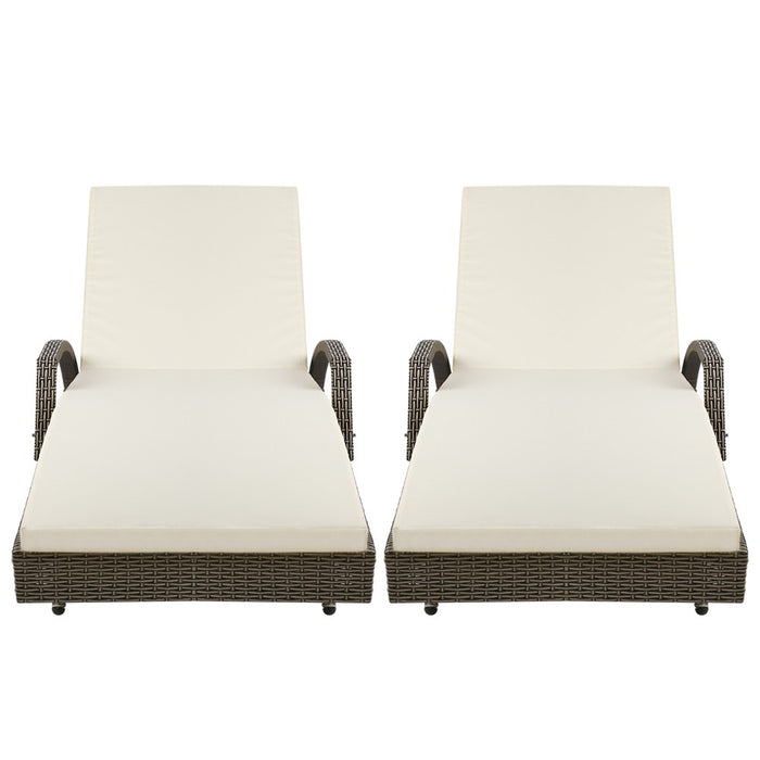 2PC Sun Lounge Wicker Lounger Outdoor Furniture Beach Chair Adjustable Cushion Grey&Beige