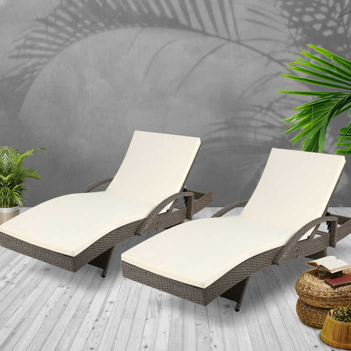 2PC Sun Lounge Wicker Lounger Outdoor Furniture Beach Chair Adjustable Cushion Grey&Beige