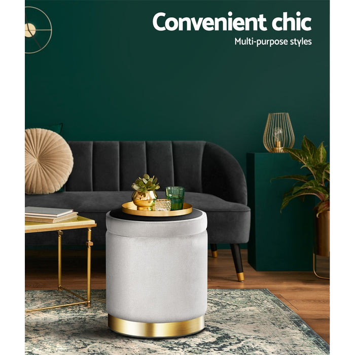 Ottoman Storage Foot Stool Round Velvet Grey
