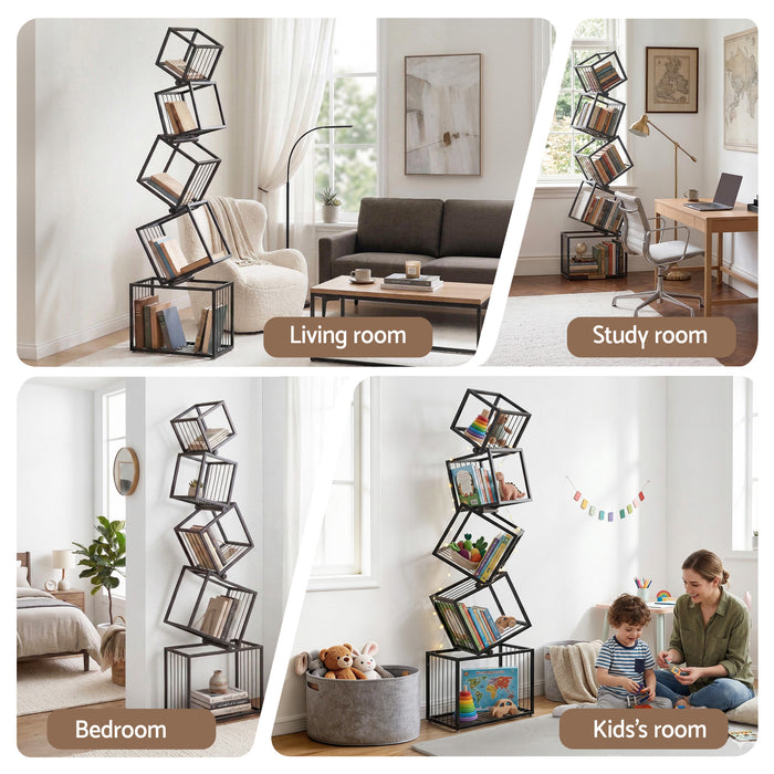 5-Tier Bookshelf Metal Geometric Display Shelf Storage Organizer Black