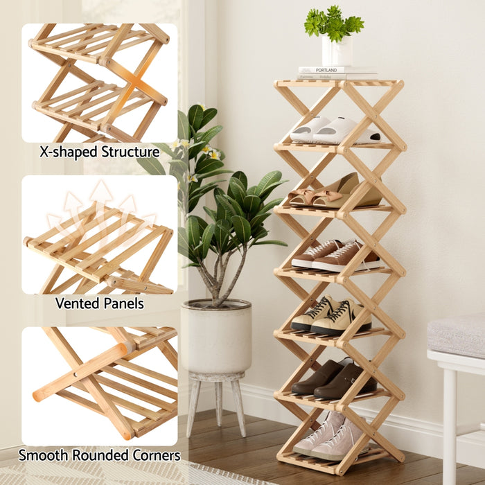 7 Tier Bamboo Foldable Shoe Rack Organizer Entryway