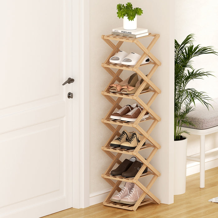 7 Tier Bamboo Foldable Shoe Rack Organizer Entryway