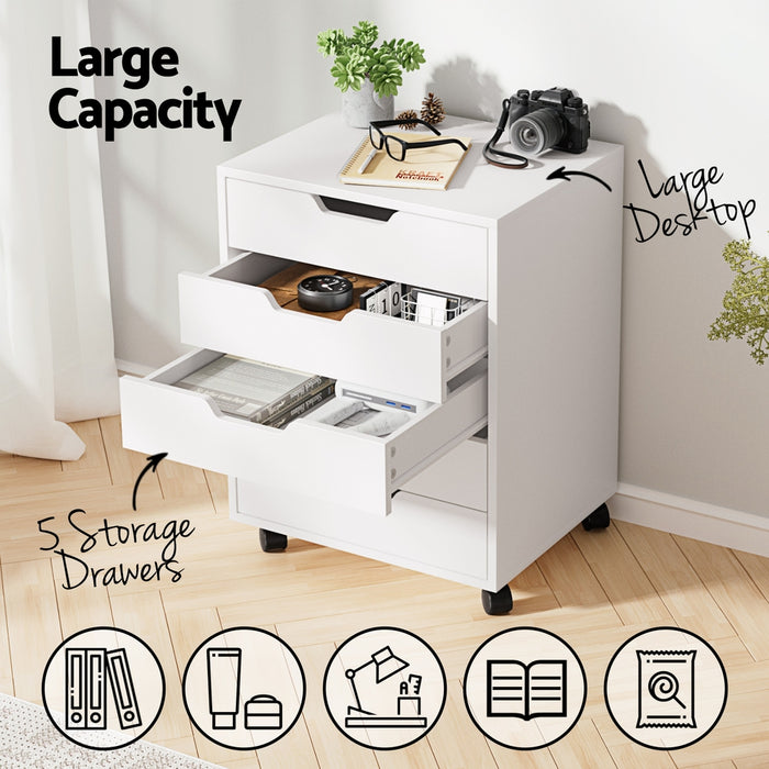 5-Drawer Filing Cabinet Mobile Rolling Storage Cabinet Chest of Drawers Stand White