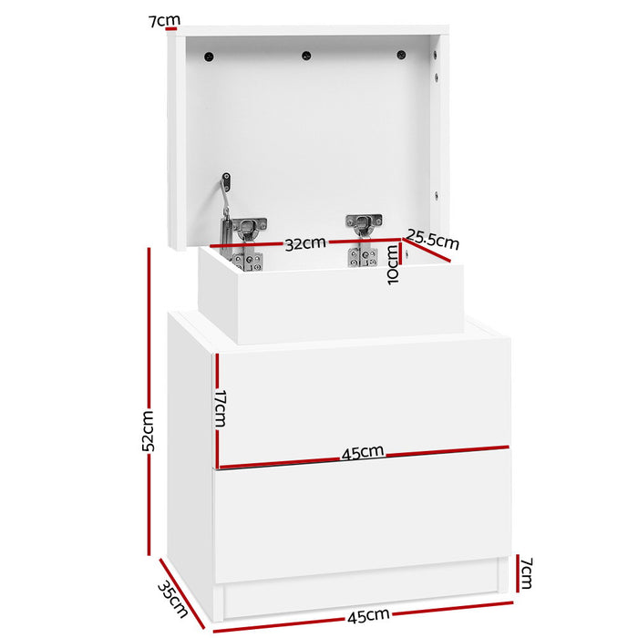 Bedside Table 2 Drawers Lift-up Storage - COLEY White