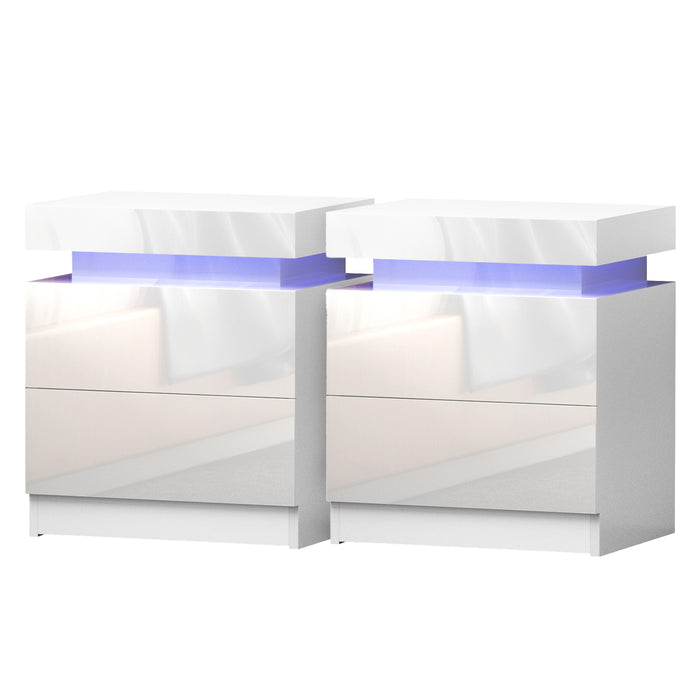 2X Bedside Table LED 2 Drawers Lift-up Storage - COLEY White
