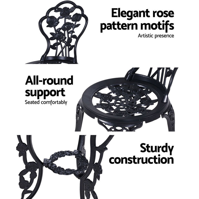 3PC Outdoor Setting Bistro Set Chairs Table Cast Aluminum Rose Black